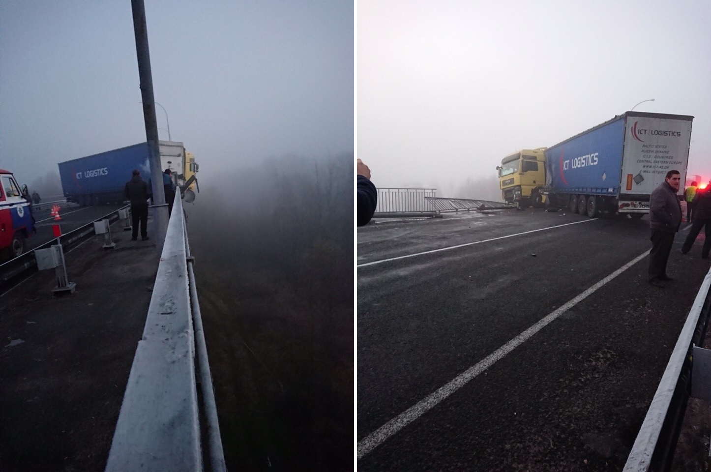 Фуру занесла на мосце ў Светлагорскім раёне: кабіна завісла над вадой (фота)