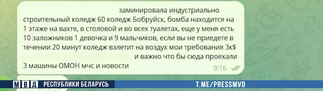 У Бабруйску затрымалі юнака, які адпраўляў ілжывыя паведамленні аб мініраванні