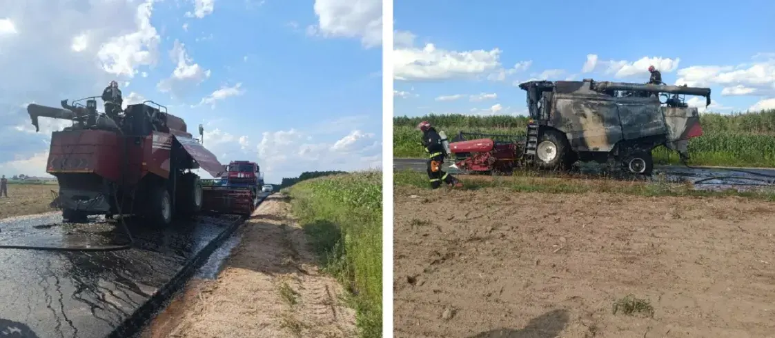 Ва Уздзенскім раёне падчас руху па дарозе згарэў камбайн