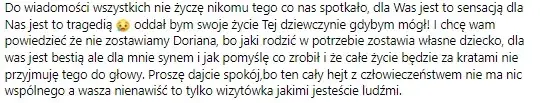 У Фэйсбуку з'явіўся пост, які мог пакінуць бацька варшаўскага гвалтаўніка