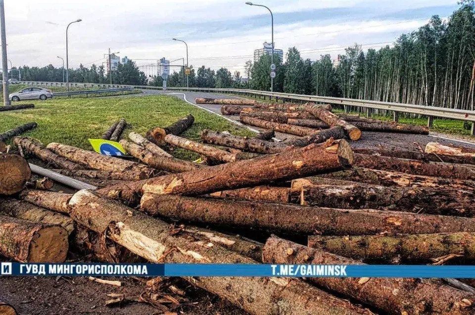 На МКАД перакуліўся прычэп лесавоза, бярвёны часткова перакрылі рух