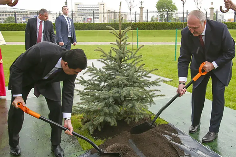 Фотафакт: Лукашэнка і Бердымухамедаў у дождж паліваюць елку