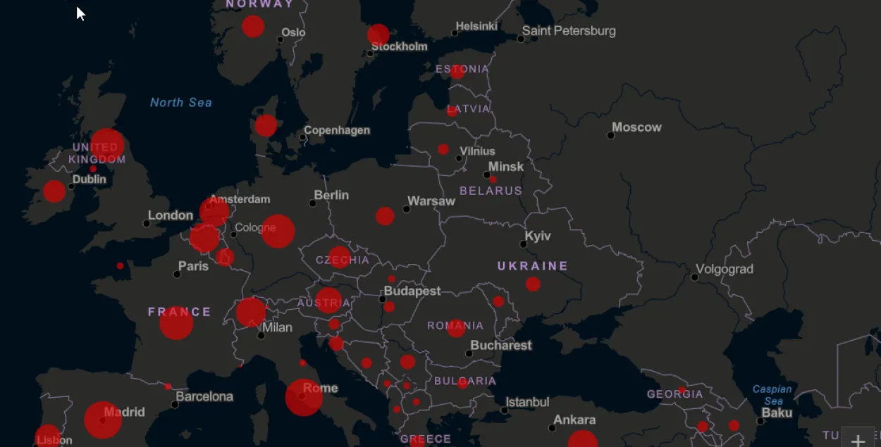 Скрыншот карты пацверджаных выпадкаў COVID-19 у свеце / gisanddata.maps.arcgis.com