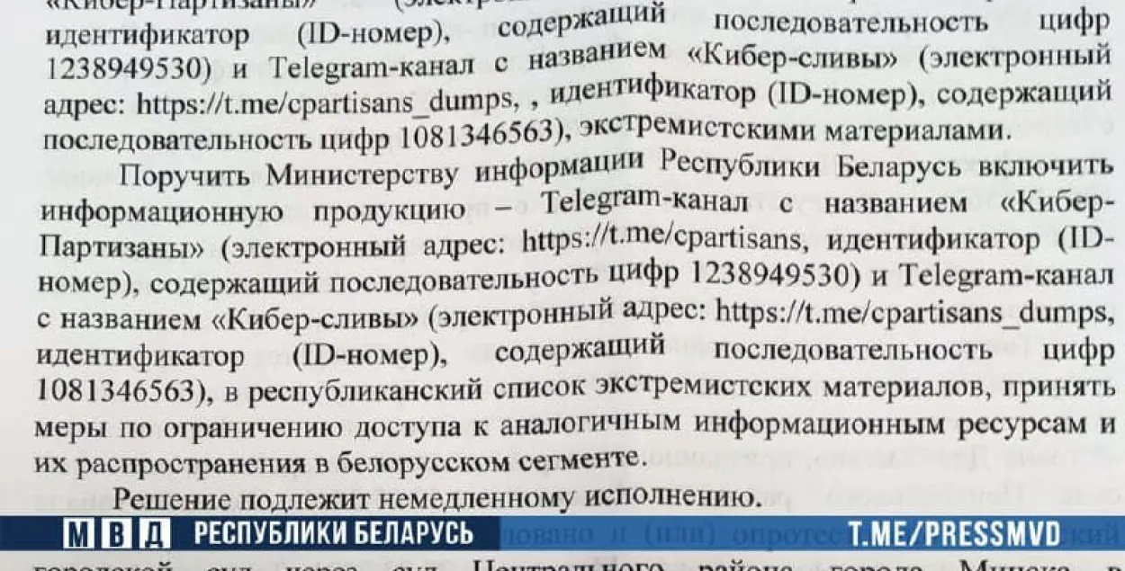 ТГ-каналы "Кибер-партизаны" і "Кибер-сливы" прызнаныя экстрэмісцкімі