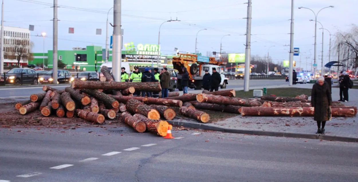 У Брэсце перакуліўся прычэп з бярвеннем