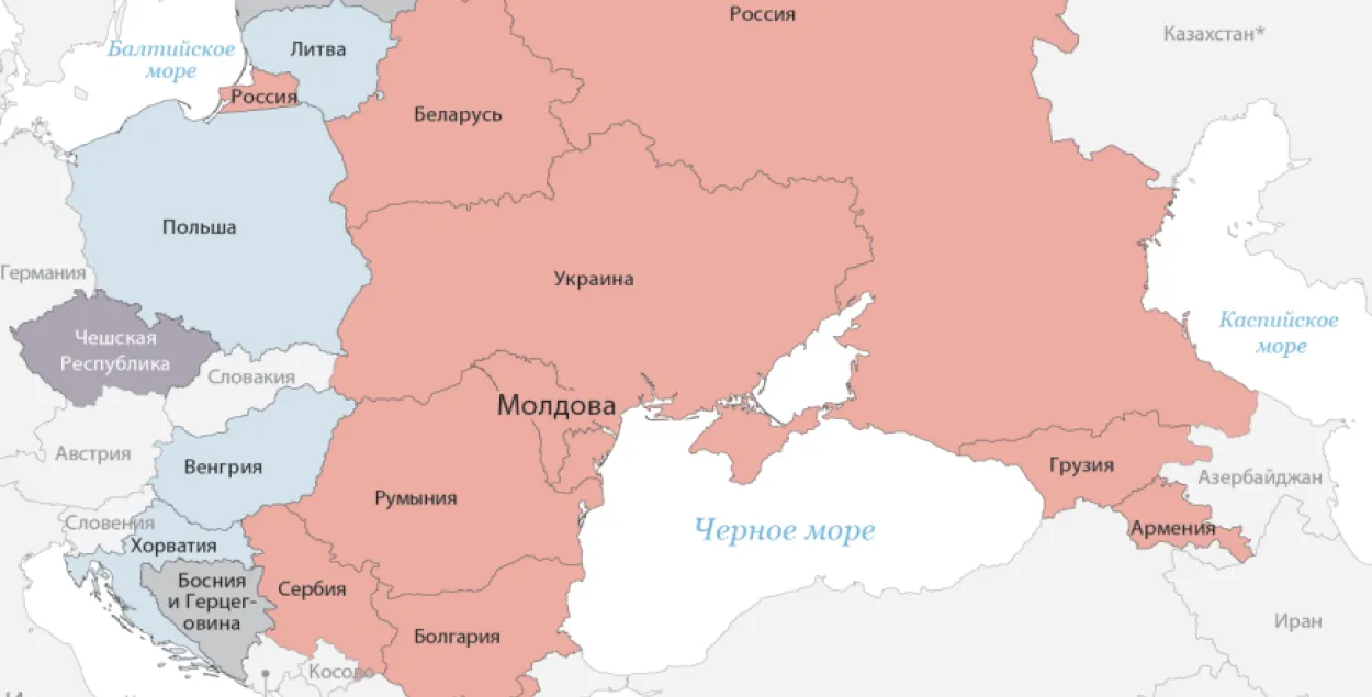 Красным цветом&nbsp;обозначены&nbsp;православные&nbsp;страны.