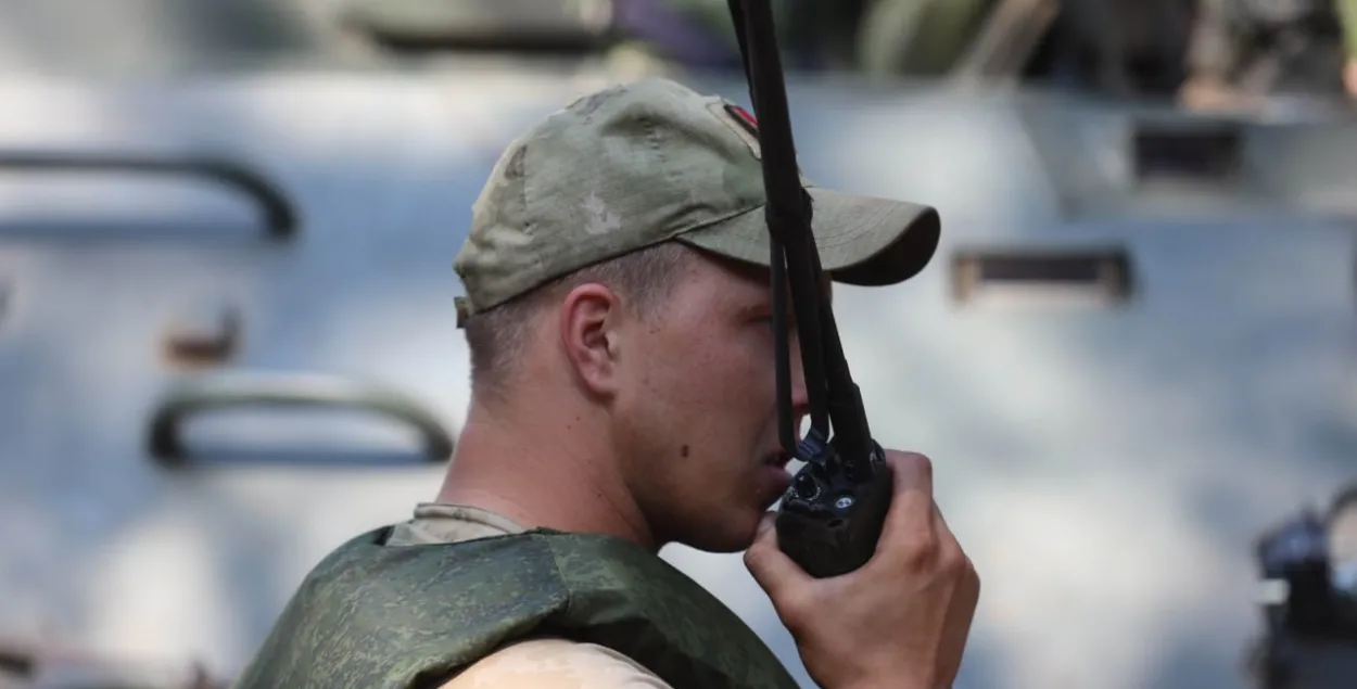 A Belarusian serviceman during exercises near the Polish border&nbsp;
