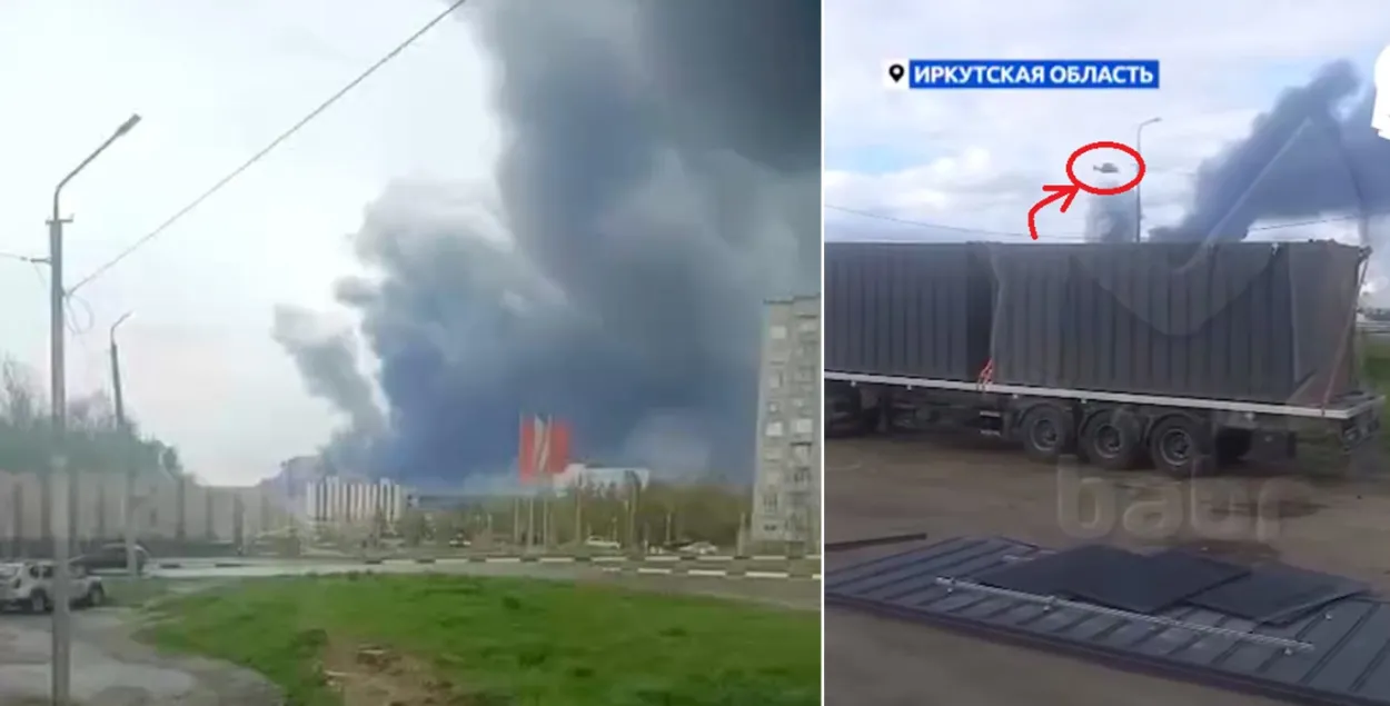 Пожар на авиабазе / дрон вылетает из прицепа фуры
