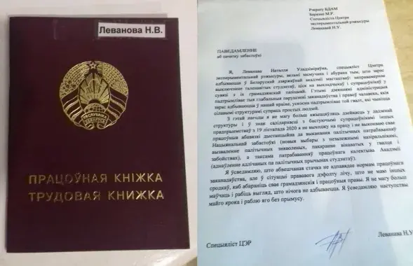 Заявление на забастовку и трудовая книжка Натальи Левановой / "Вконтакте"