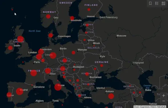 Скрыншот карты пацверджаных выпадкаў COVID-19 у свеце / gisanddata.maps.arcgis.com