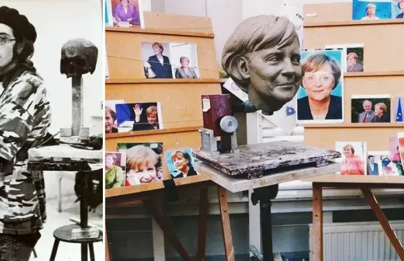 Artsiom Malakhouski and his exam subject at Madame Tussauds London - Angela Merkel&#39;s face. Photo: KYKY.org