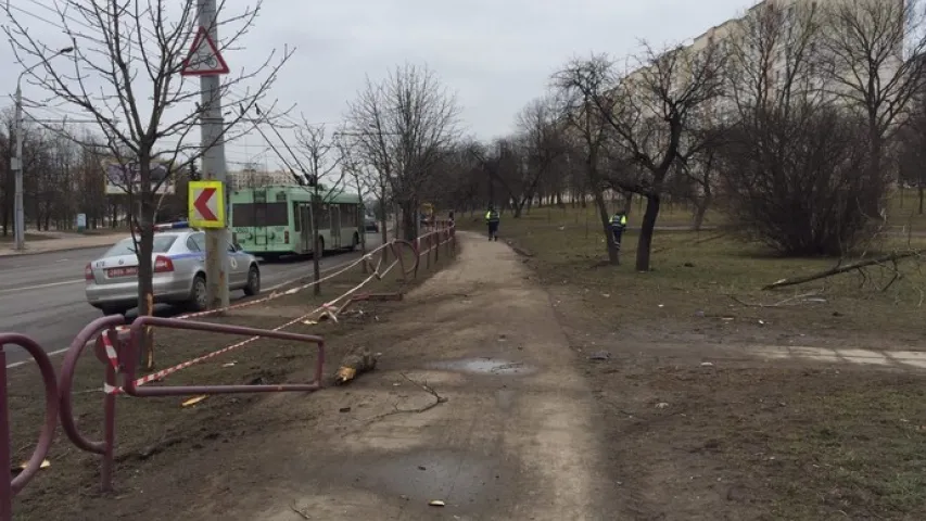 У сталіцы BMW пратараніў металічную агароджу і выехаў на тратуар (фота)